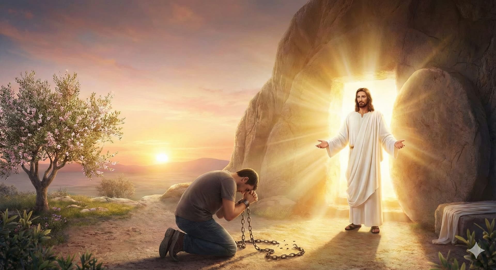 Jesus sale de la tumba frente a un hombre de rodillas